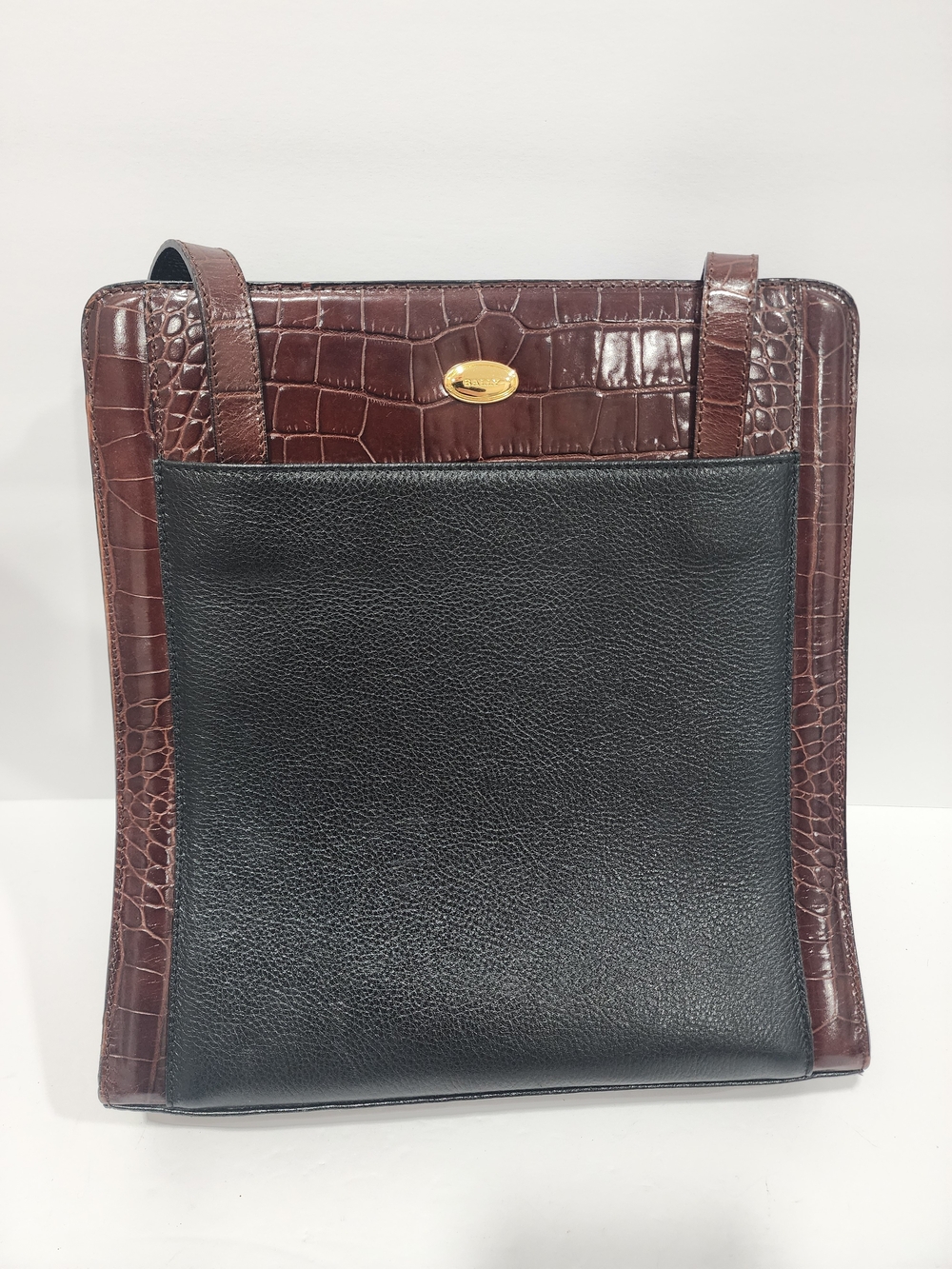 BALLY Vintage Alligator Leather Trim Brown Black  Shoulder Women's Bag Satchel